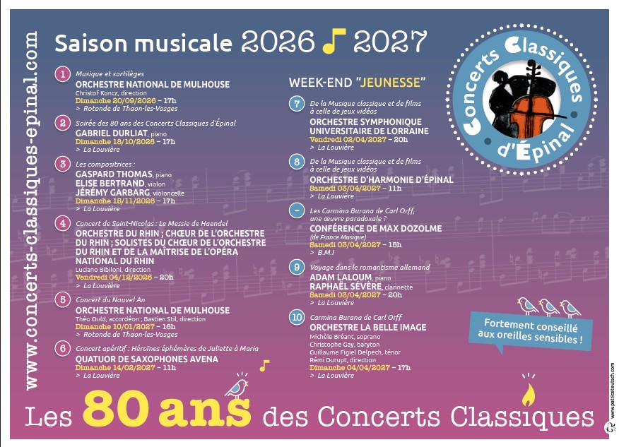 Saison musicale 2026-2027 des Concerts Classiques d’Epinal
